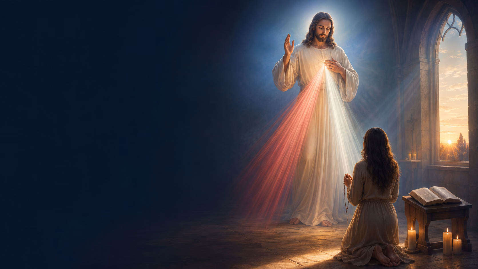 Jésus Miséricordieux et les rayons jaillissant de son Cœur