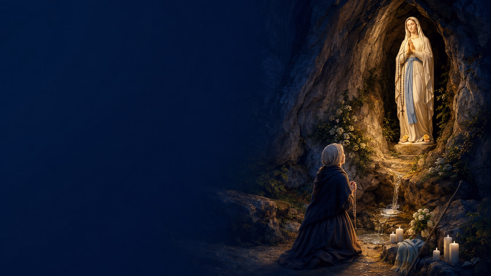 Bernadette Soubirous en prière devant la grotte de Lourdes