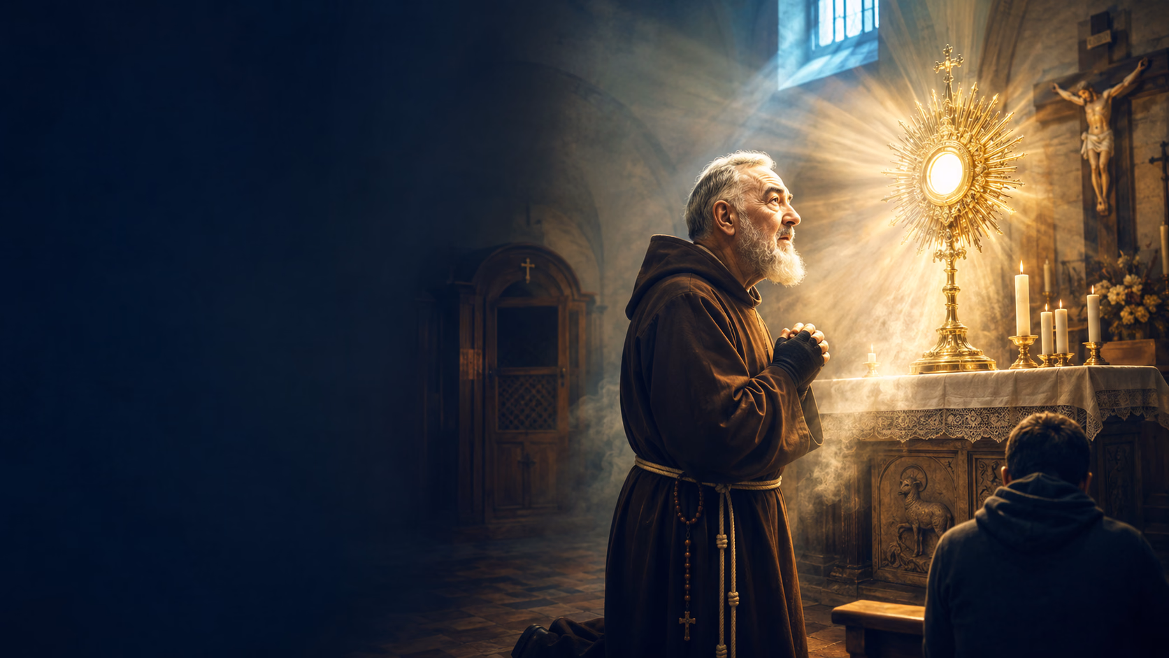 Padre Pio en prière dans une intense lumière