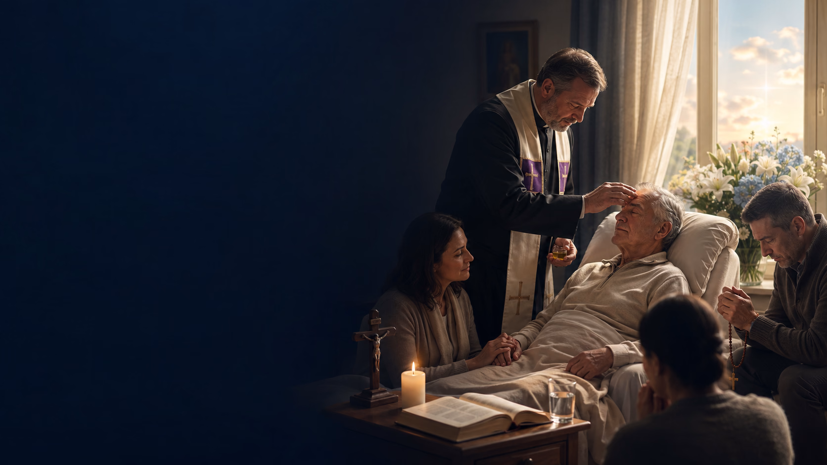 Une personne malade entourée de prière et de lumière