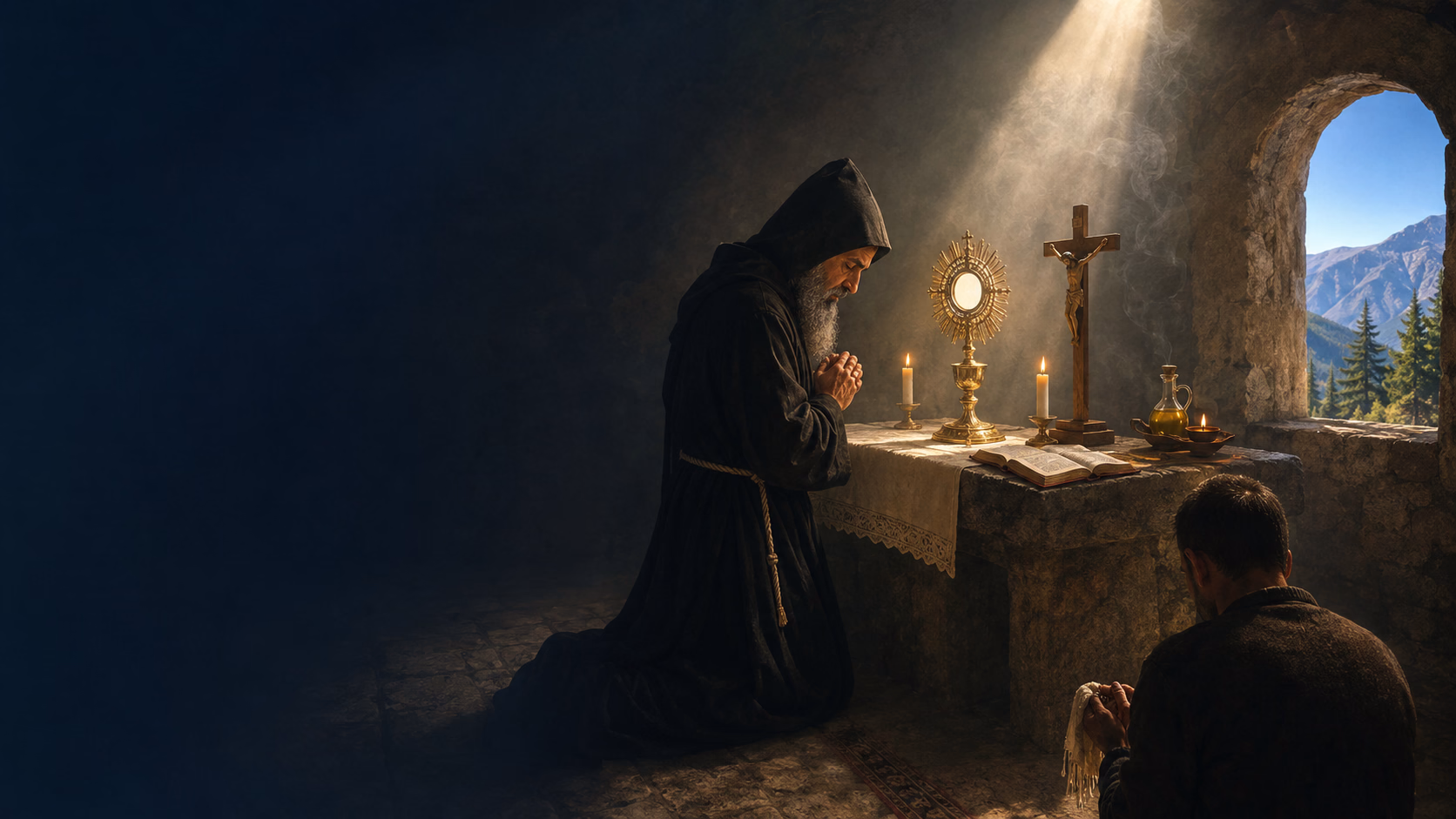 Saint Charbel en prière dans la lumière du Liban